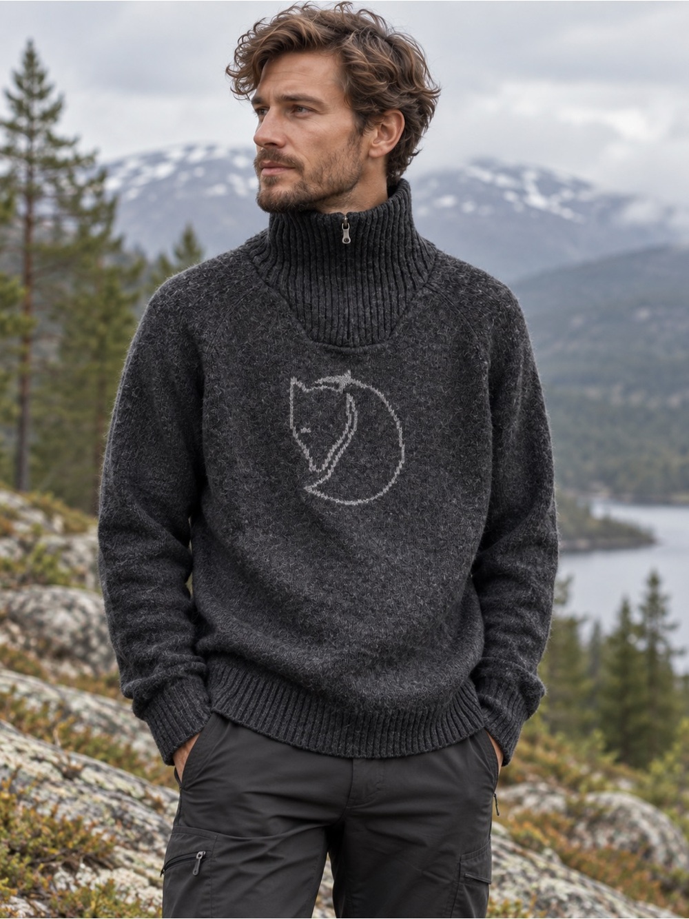 Fjallraven Red Fox Sweater Men’s XL 100% Wool Charcoal Gray Half Zip